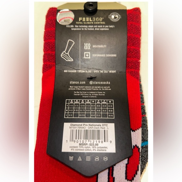 Stance MLB Diamond Pro Nationals OTC Socks 1 Pair Men's 9-13 Baseball Washington - Picture 2 of 9